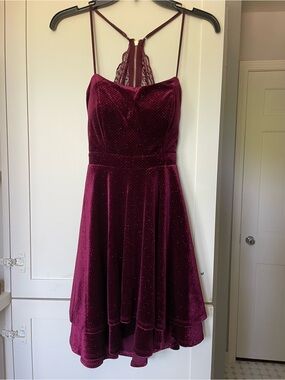 Velvet Sparkle Lace Back Fit-and-Flare Dress in Red Burgundy